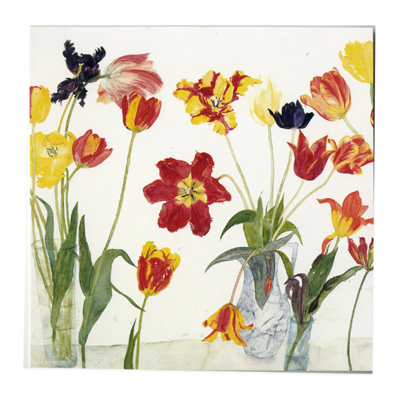 Dame Elizabeth Blackadder ' Purple Irises and Red and Yellow Tulips ' Set of cards